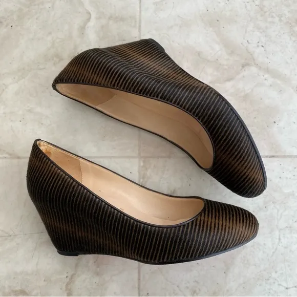 $945 Christian Louboutin Made in Italy Pony Hair Striped Print Wedges size 6.5