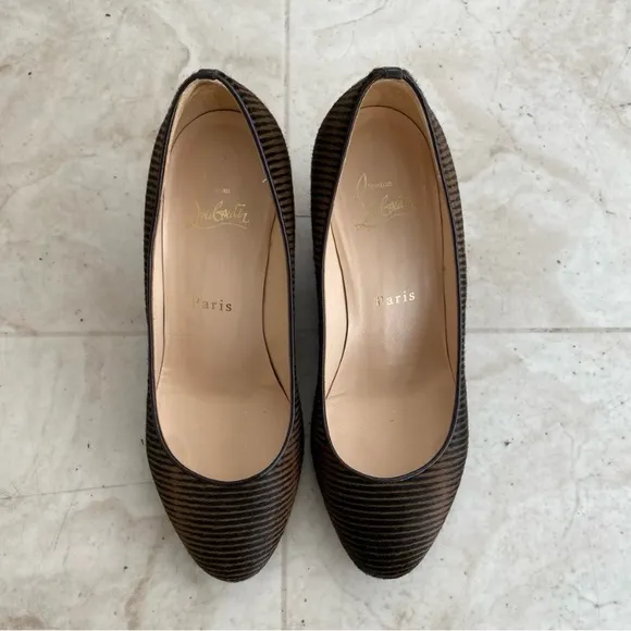 $945 Christian Louboutin Made in Italy Pony Hair Striped Print Wedges size 6.5