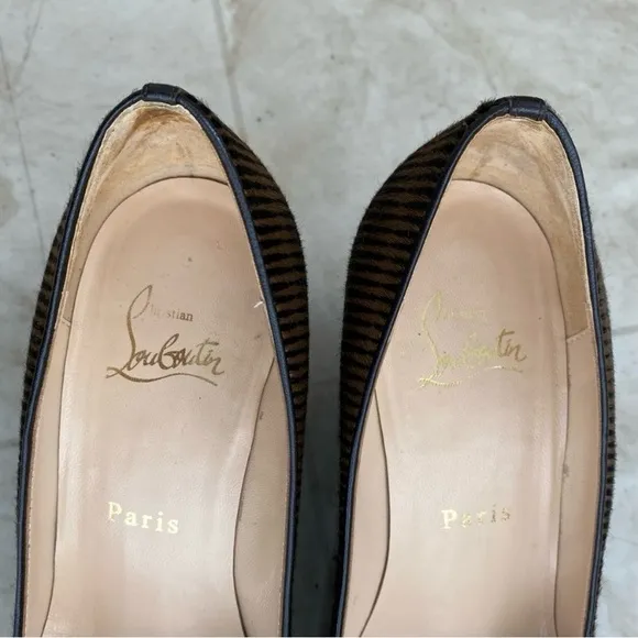 $945 Christian Louboutin Made in Italy Pony Hair Striped Print Wedges size 6.5