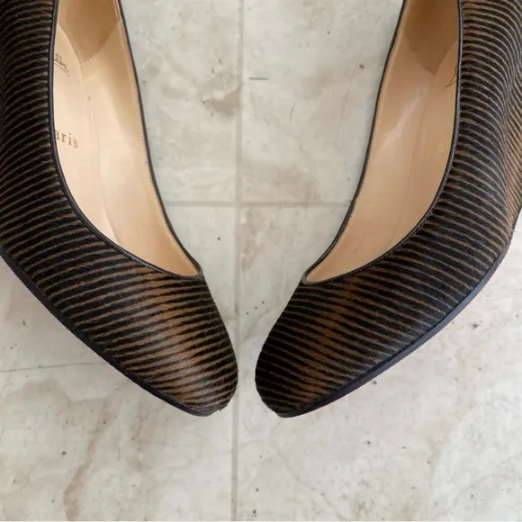 $945 Christian Louboutin Made in Italy Pony Hair Striped Print Wedges size 6.5