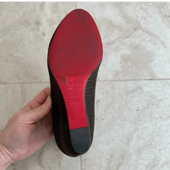 $945 Christian Louboutin Made in Italy Pony Hair Striped Print Wedges size 6.5