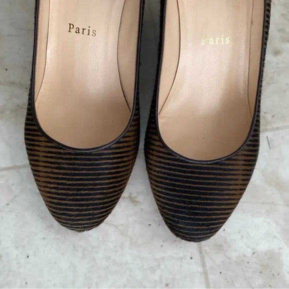 $945 Christian Louboutin Made in Italy Pony Hair Striped Print Wedges size 6.5