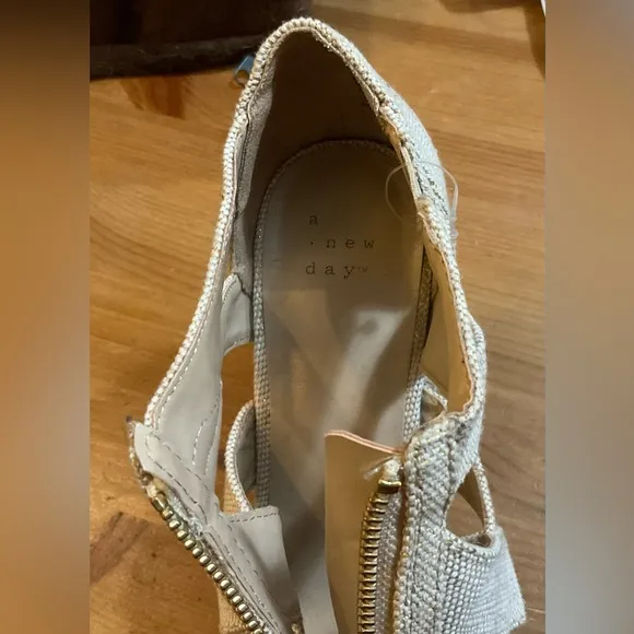 A New Day: Wedges beige/tan with hints of gold glitter sandals size eight (8).