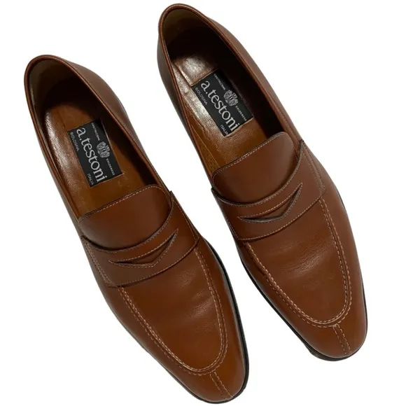 A. Testoni Black Label Leather Loafers, Brown Split-Toe Shoes   Shoe Trees