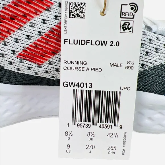 Adidas Fluidflow 2.0 Running Shoes Gray White Red GW4013 Sneaker Mens Size 9