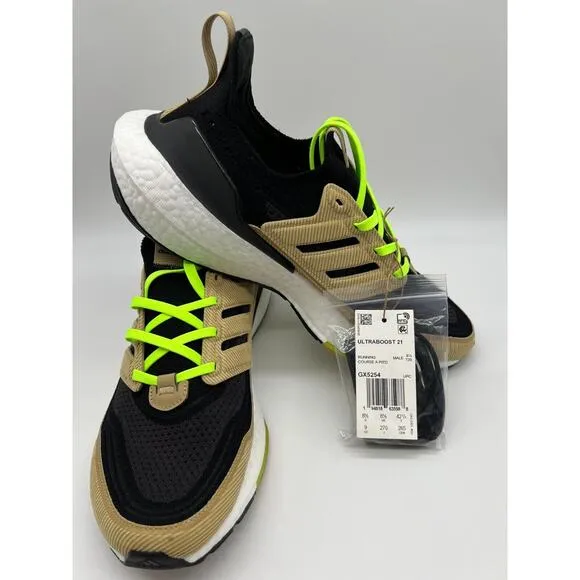 adidas Ultraboost 21 Running Shoes Black Beige Tone Green GX5254 Men Size 9 NWT