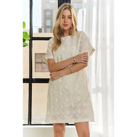 ❤️ADORA Applique detail Round Neck Short Sleeves Shift Mini Dress | Beige