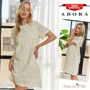 ❤️ADORA Applique detail Round Neck Short Sleeves Shift Mini Dress | Beige