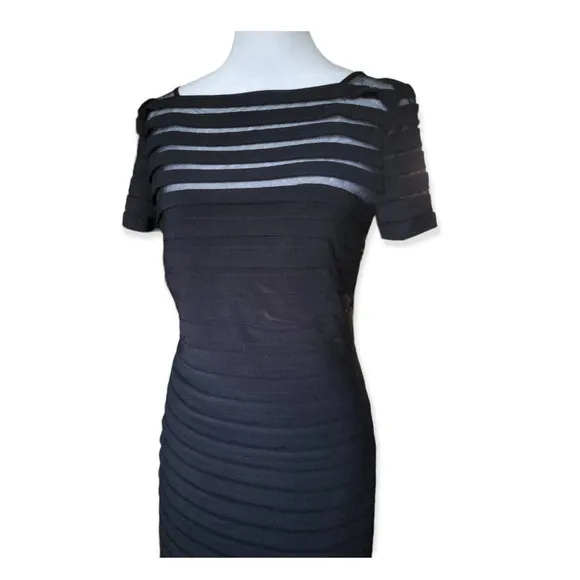 Adrianna Papell Partial Tuck Bandage Illusion Neck Stretchy Black Dress Size 2