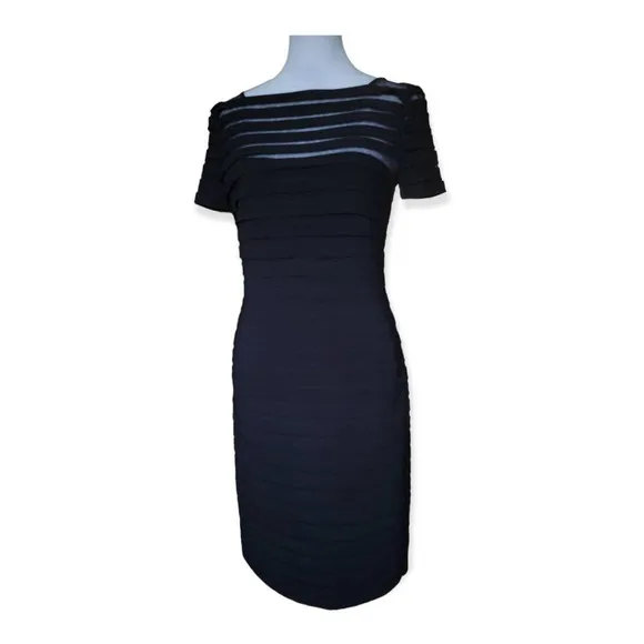 Adrianna Papell Partial Tuck Bandage Illusion Neck Stretchy Black Dress Size 2