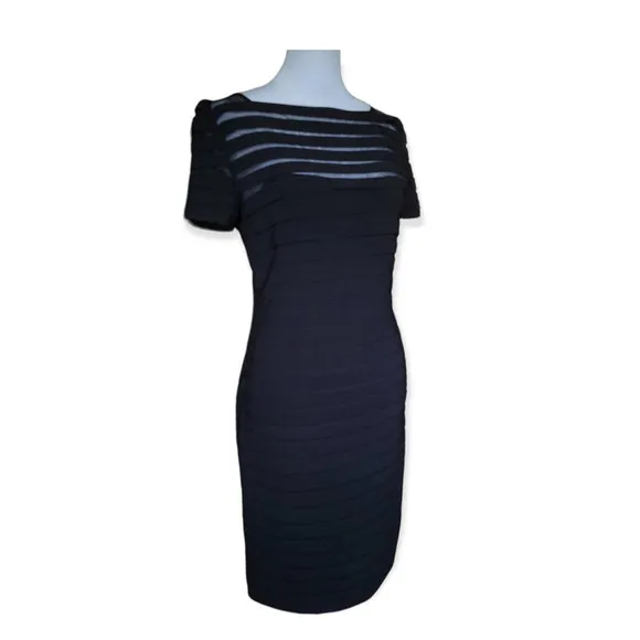 Adrianna Papell Partial Tuck Bandage Illusion Neck Stretchy Black Dress Size 2