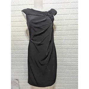 Adrianna Papell Women's Black Sleeveless Ruche Side Floral Shoulder LBD Size 8
