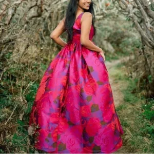 Adrianna Papell Women's Floral Boatneck Ball Gown in Magenta Maxi Sz. 8