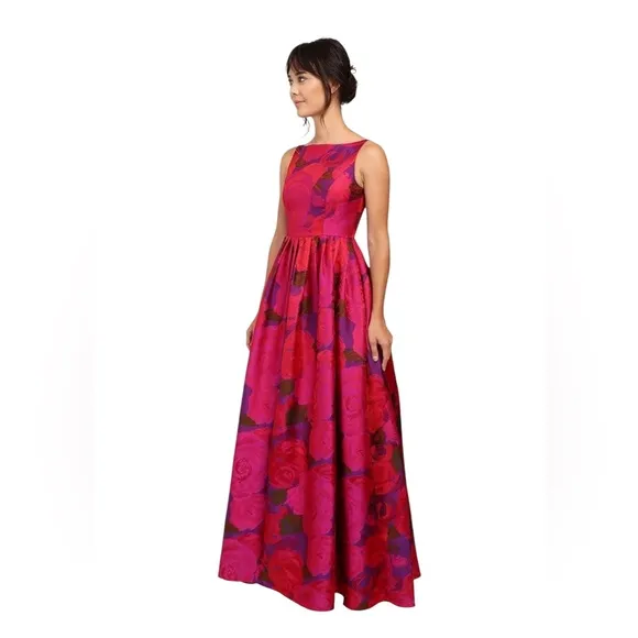 Adrianna Papell Women's Floral Boatneck Ball Gown in Magenta Maxi Sz. 8