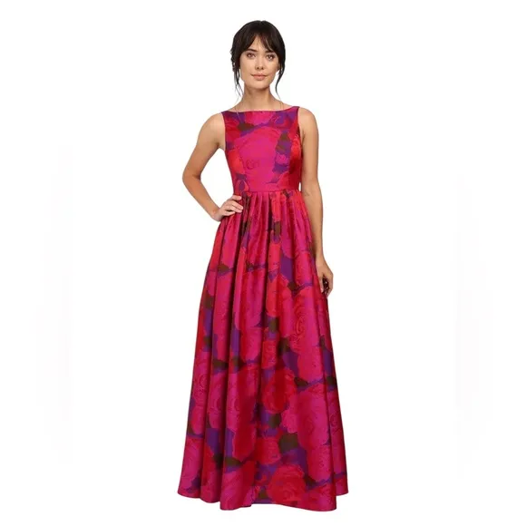 Adrianna Papell Women's Floral Boatneck Ball Gown in Magenta Maxi Sz. 8