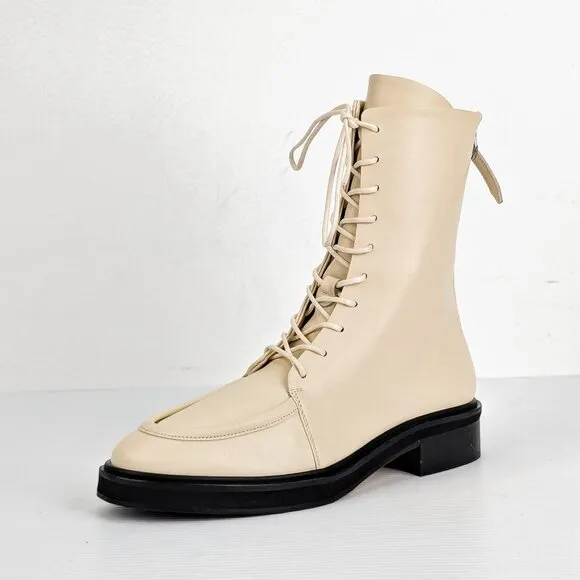 Aeyde Women Isa Off White Leather Lace-up Zip Combat Boots sz 9US EUR40