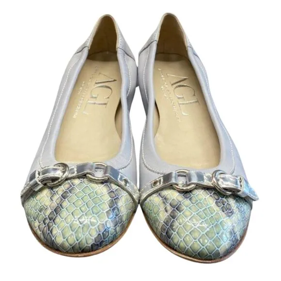 AGL Attilio Giusti Leombruni Women's Azure Silver Snake Embossed Flats Size 7.5
