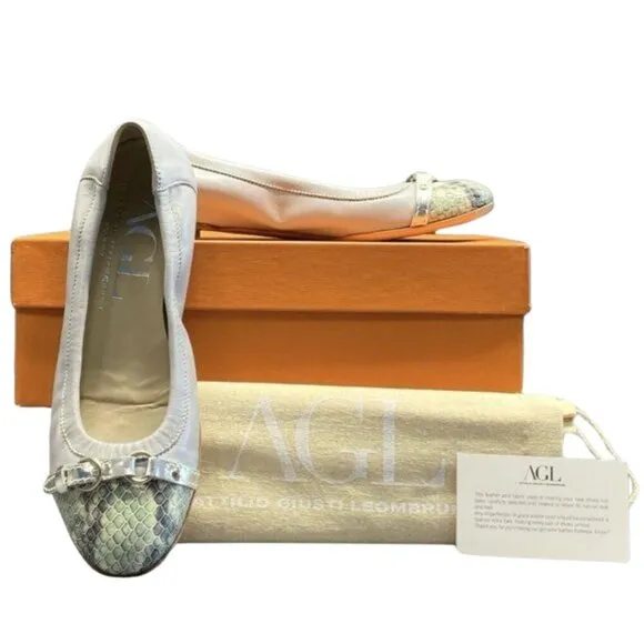 AGL Attilio Giusti Leombruni Women's Azure Silver Snake Embossed Flats Size 7.5