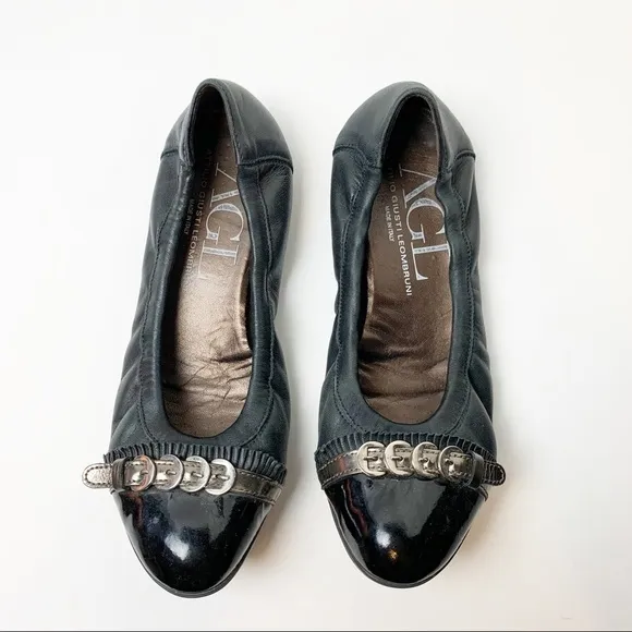 AGL Black Leather Cap Toe Flats