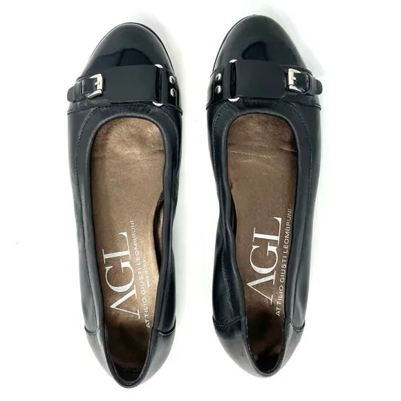 AGL Black Toe Cap Buckle Ballet Flats Size 38