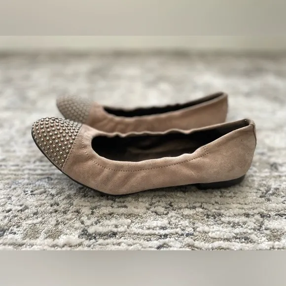 AGL Italy Ballet Flats Beige Suede Studded Leather Slip On Size 37.5 (us 7.5)
