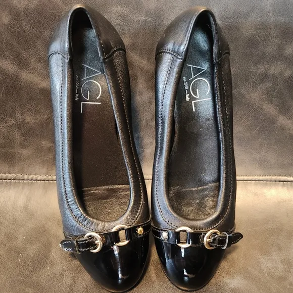 AGL MONICA CAP TOE Black Leather Women's Ballet Flats SZ.36.5/6