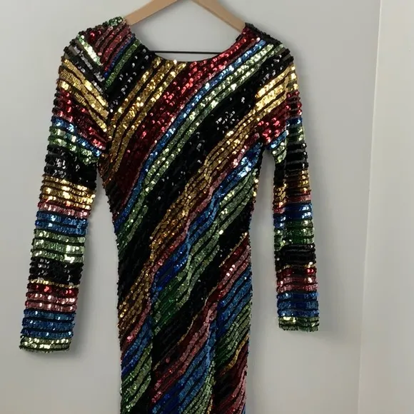 Alcoolique Peyton Tubolar Sequin Dress Rainbow Stripe Low Back‎ Long Sleeve Sz 2