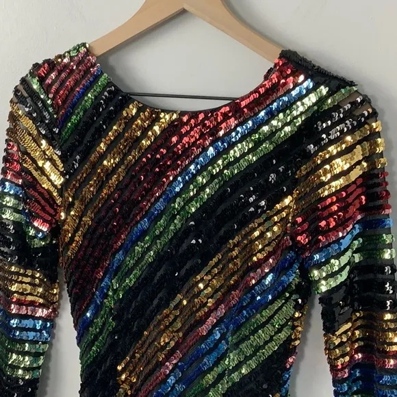 Alcoolique Peyton Tubolar Sequin Dress Rainbow Stripe Low Back‎ Long Sleeve Sz 2