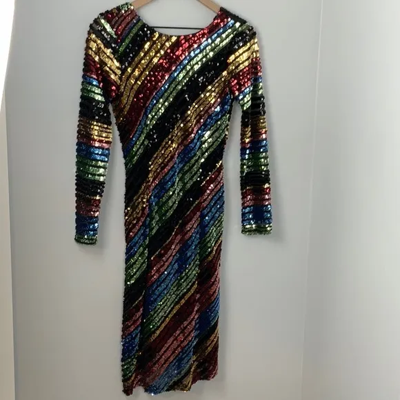 Alcoolique Peyton Tubolar Sequin Dress Rainbow Stripe Low Back‎ Long Sleeve Sz 2