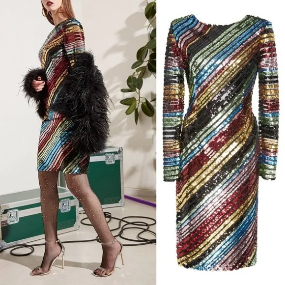 Alcoolique Peyton Tubolar Sequin Dress Rainbow Stripe Low Back‎ Long Sleeve Sz 2