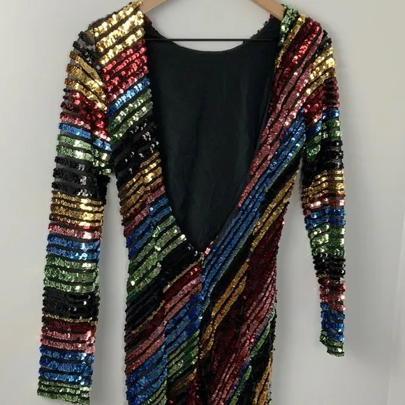Alcoolique Peyton Tubolar Sequin Dress Rainbow Stripe Low Back‎ Long Sleeve Sz 2