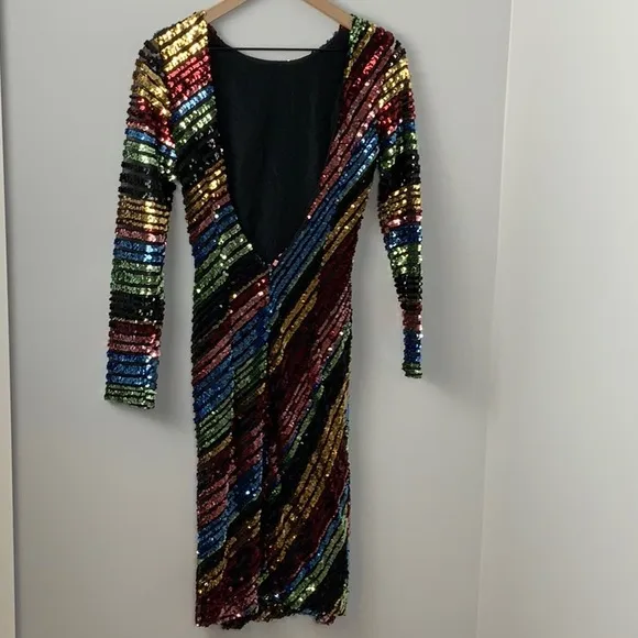 Alcoolique Peyton Tubolar Sequin Dress Rainbow Stripe Low Back‎ Long Sleeve Sz 2