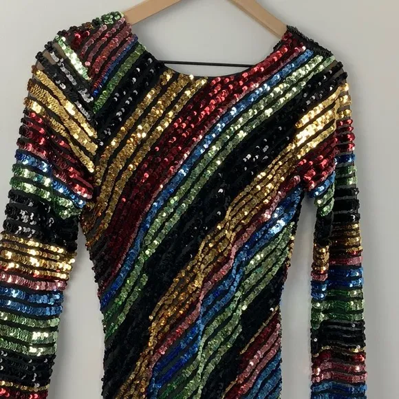 Alcoolique Peyton Tubolar Sequin Dress Rainbow Stripe Low Back‎ Long Sleeve Sz 2