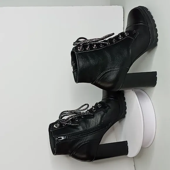 Aldo-Black Leather Lace up Super High Heel Combat/Moto Boots w/Lug Soles-  7