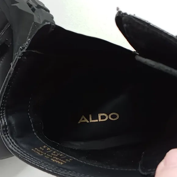 Aldo-Black Leather Lace up Super High Heel Combat/Moto Boots w/Lug Soles-  7
