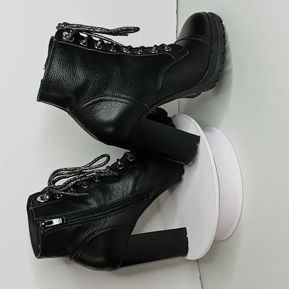Aldo-Black Leather Lace up Super High Heel Combat/Moto Boots w/Lug Soles-  7