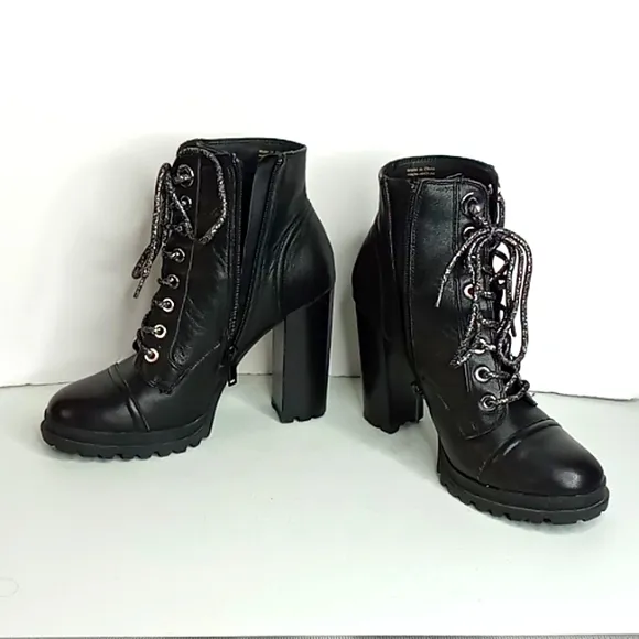 Aldo-Black Leather Lace up Super High Heel Combat/Moto Boots w/Lug Soles-  7