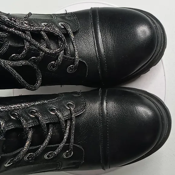 Aldo-Black Leather Lace up Super High Heel Combat/Moto Boots w/Lug Soles-  7