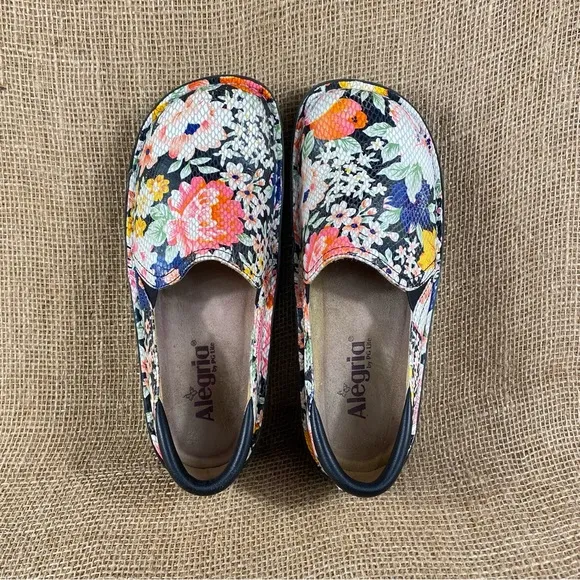 Alegria Clogs Slip On Floral Multicolored Leather slip resistant pink sz 7.5 -8