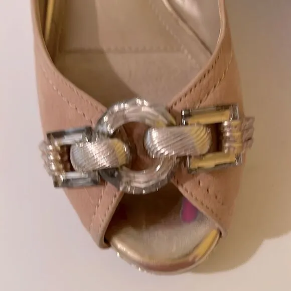Alex Marie Light Tan Suede Sparkling Wedge Peep Toe Shoes with Gold Crystal 7