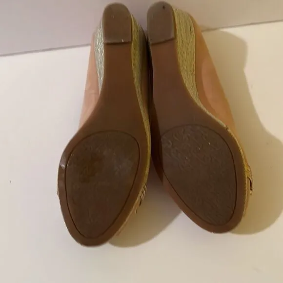 Alex Marie Light Tan Suede Sparkling Wedge Peep Toe Shoes with Gold Crystal 7