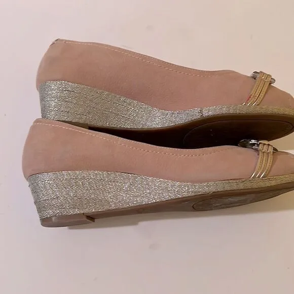 Alex Marie Light Tan Suede Sparkling Wedge Peep Toe Shoes with Gold Crystal 7
