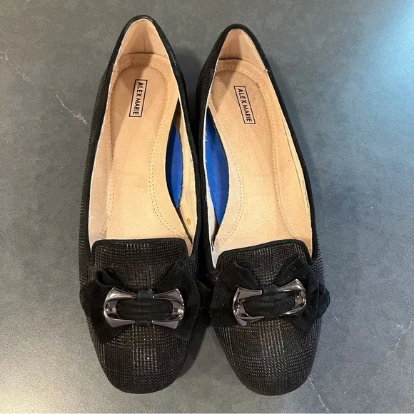 Alex Marie sz 7 black leather plaid embossed ballet flats with bowtie