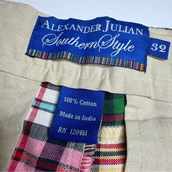 Alexander Julian Southern Style Patchwork Madras Plaid Shorts Preppy Flat Front