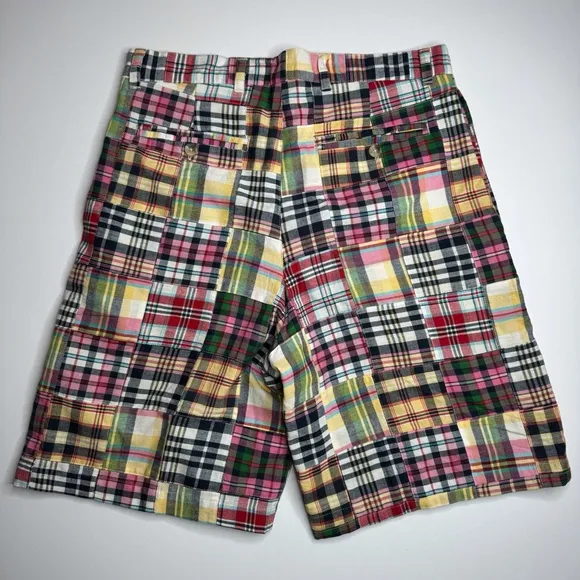 Alexander Julian Southern Style Patchwork Madras Plaid Shorts Preppy Flat Front