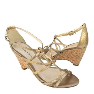 Alexandre Birman Metallic Gold Sandal Leather Strappy Woven Wedges Womens