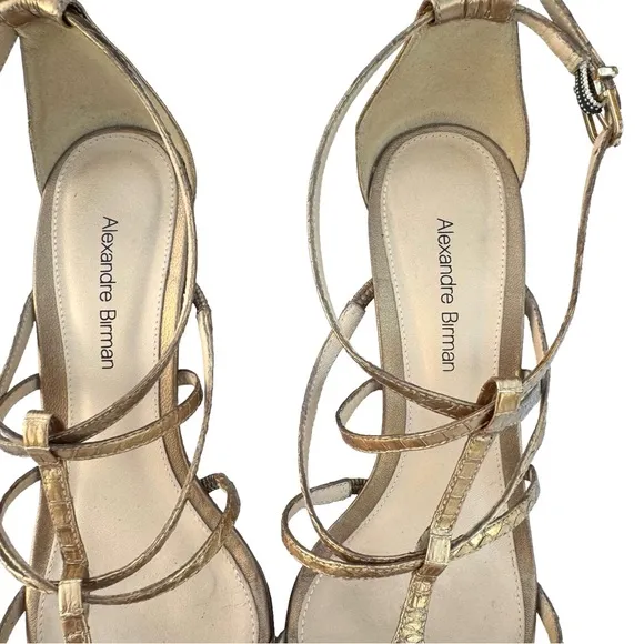 Alexandre Birman Metallic Gold Sandal Leather Strappy Woven Wedges Womens