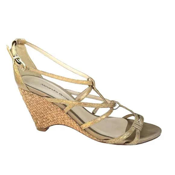 Alexandre Birman Metallic Gold Sandal Leather Strappy Woven Wedges Womens