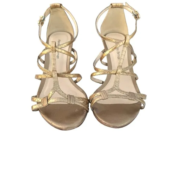 Alexandre Birman Metallic Gold Sandal Leather Strappy Woven Wedges Womens