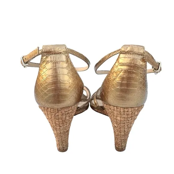 Alexandre Birman Metallic Gold Sandal Leather Strappy Woven Wedges Womens